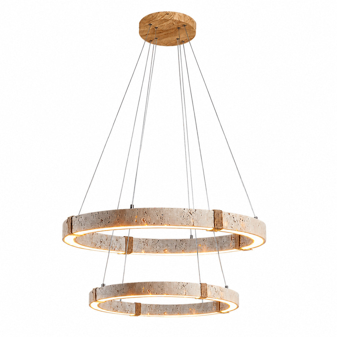 Halo travertine pendant light two ring cluster staggered dual disc composition 15.7 23.6 inch travertine stone warm glow