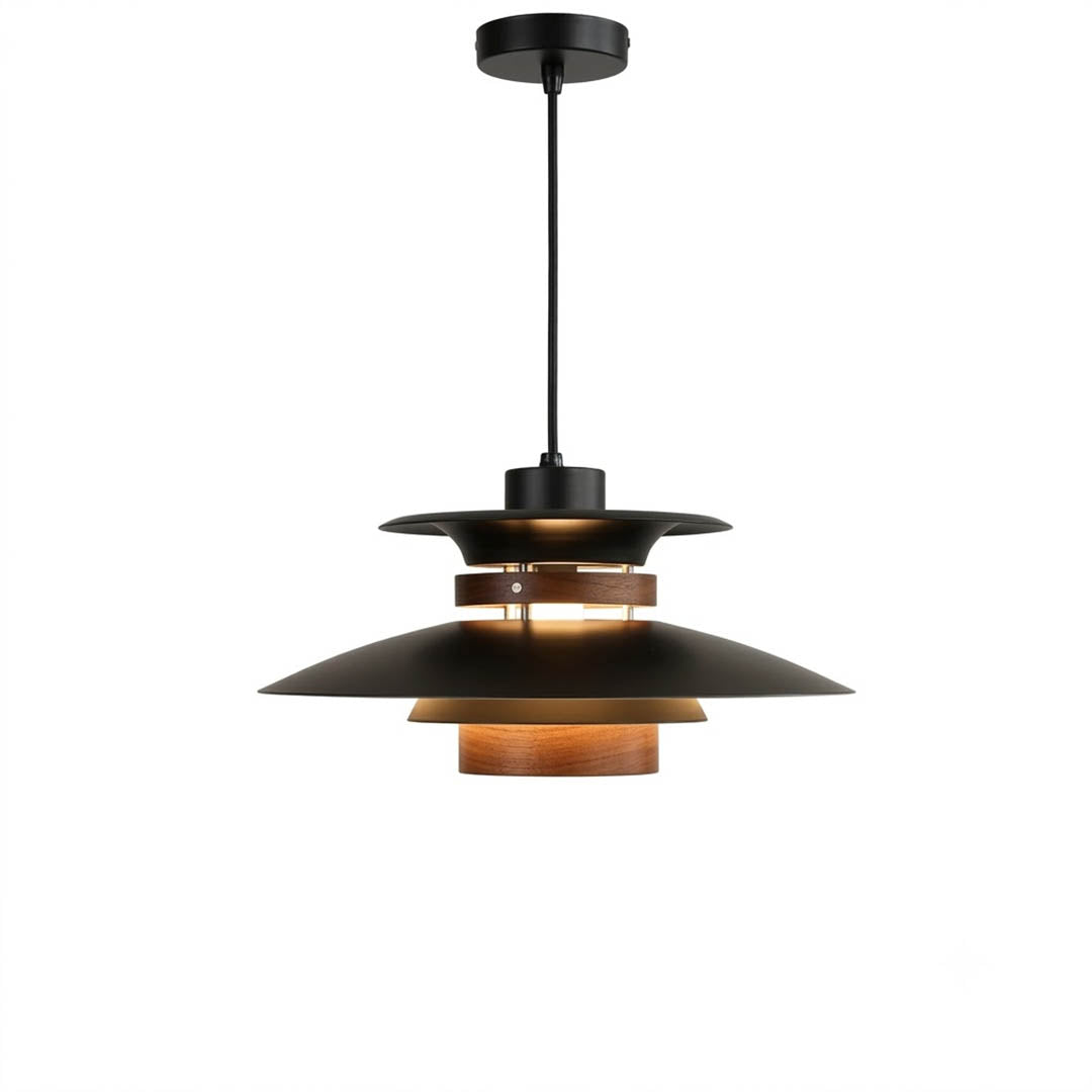 Hayden walnut wood dome pendant Black 19 inch modern industrial graphic metal shade white background
