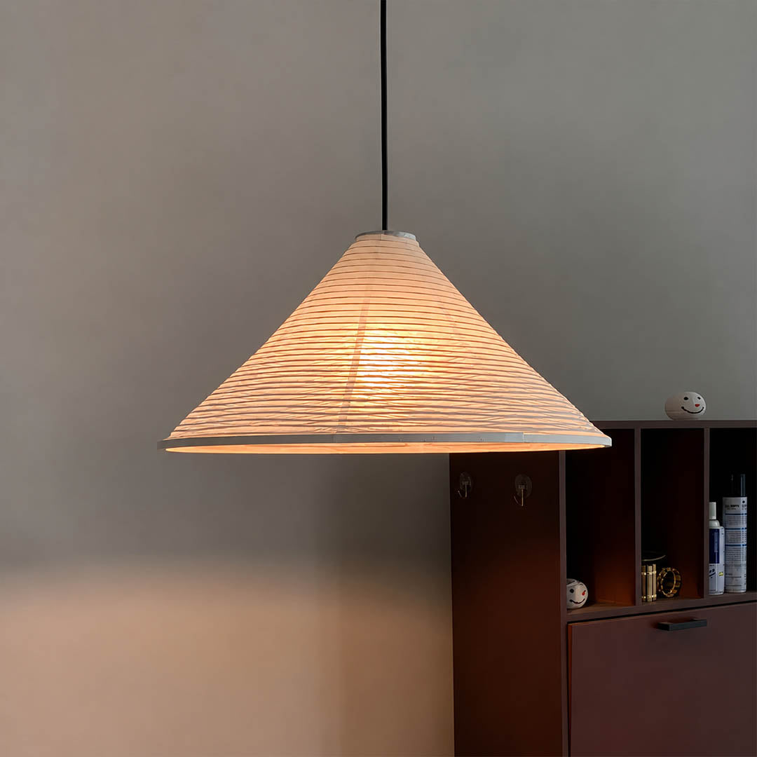 Kasa pendant light small 13.8 inch modern home office study workspace washi paper pyramid Japanese Japandi wabi sabi warm ambient functional creative lifestyle interior American home
