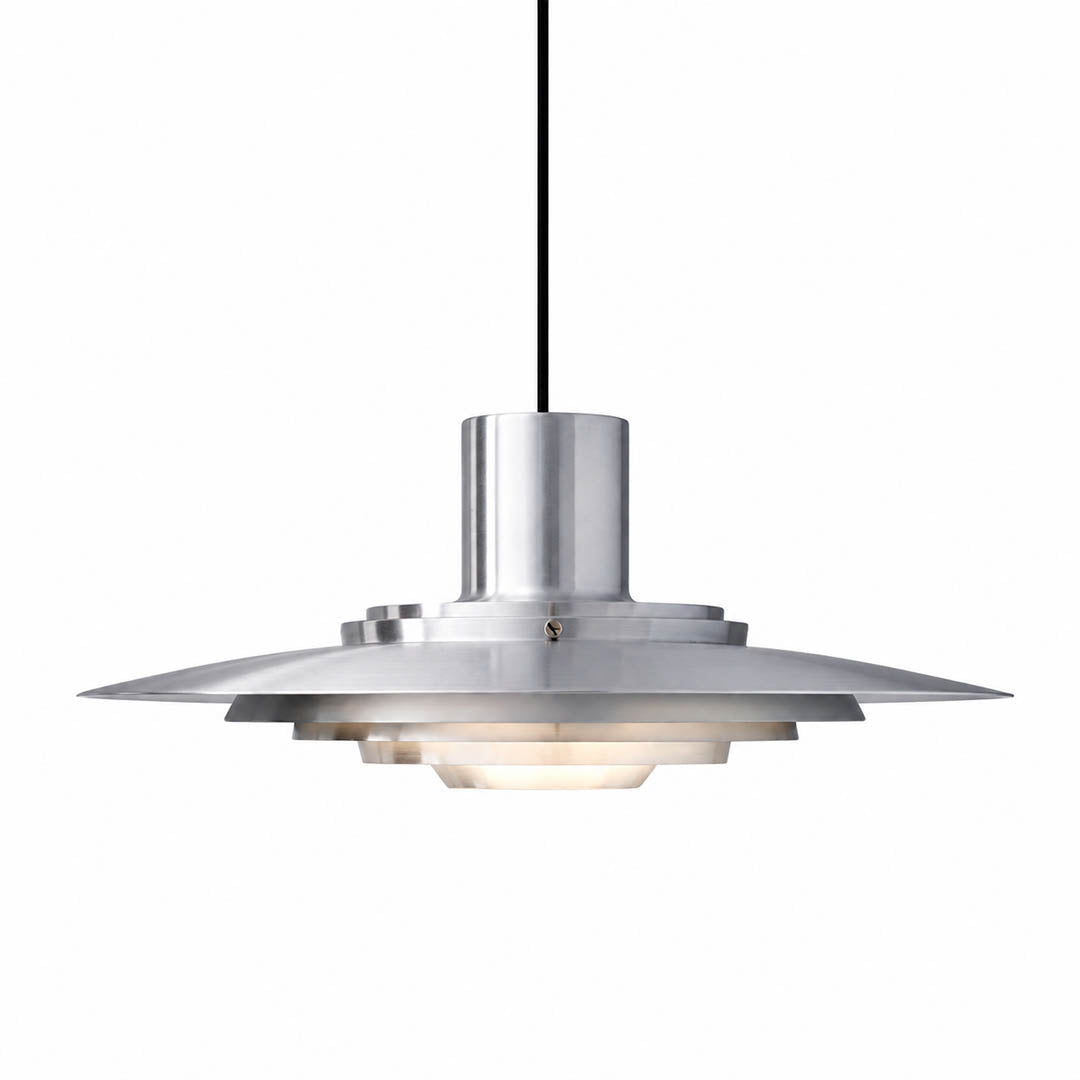 Larkin P376 style aluminum disc pendant light Silver brushed Mid Century Modern designer tribute large 18 inch white background