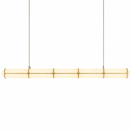 Linea pendant light modern linear LED acrylic 59 inch large brass frame handcrafted frosted diffuser architectural minimalist kitchen island dining room integrated LED statement commercial hospitality white background