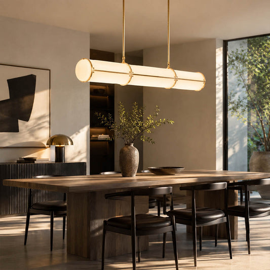 Linea pendant light 59 inch large black boutique restaurant hospitality commercial dining hall long table statement linear architectural minimalist warm ambient sculptural lifestyle interior