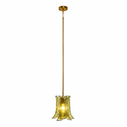 Livia petal glass pendant light 12 inch translucent olive green brass gold rod textured vertically curved sculptural Murano hand blown nature inspired modern vintage kitchen island white background