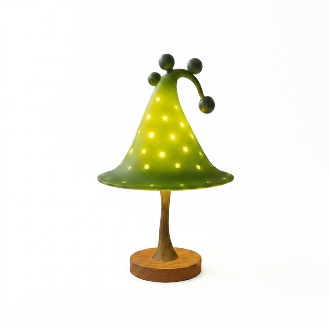 Luna celestial star table lamp forest green resin shade star apertures white background