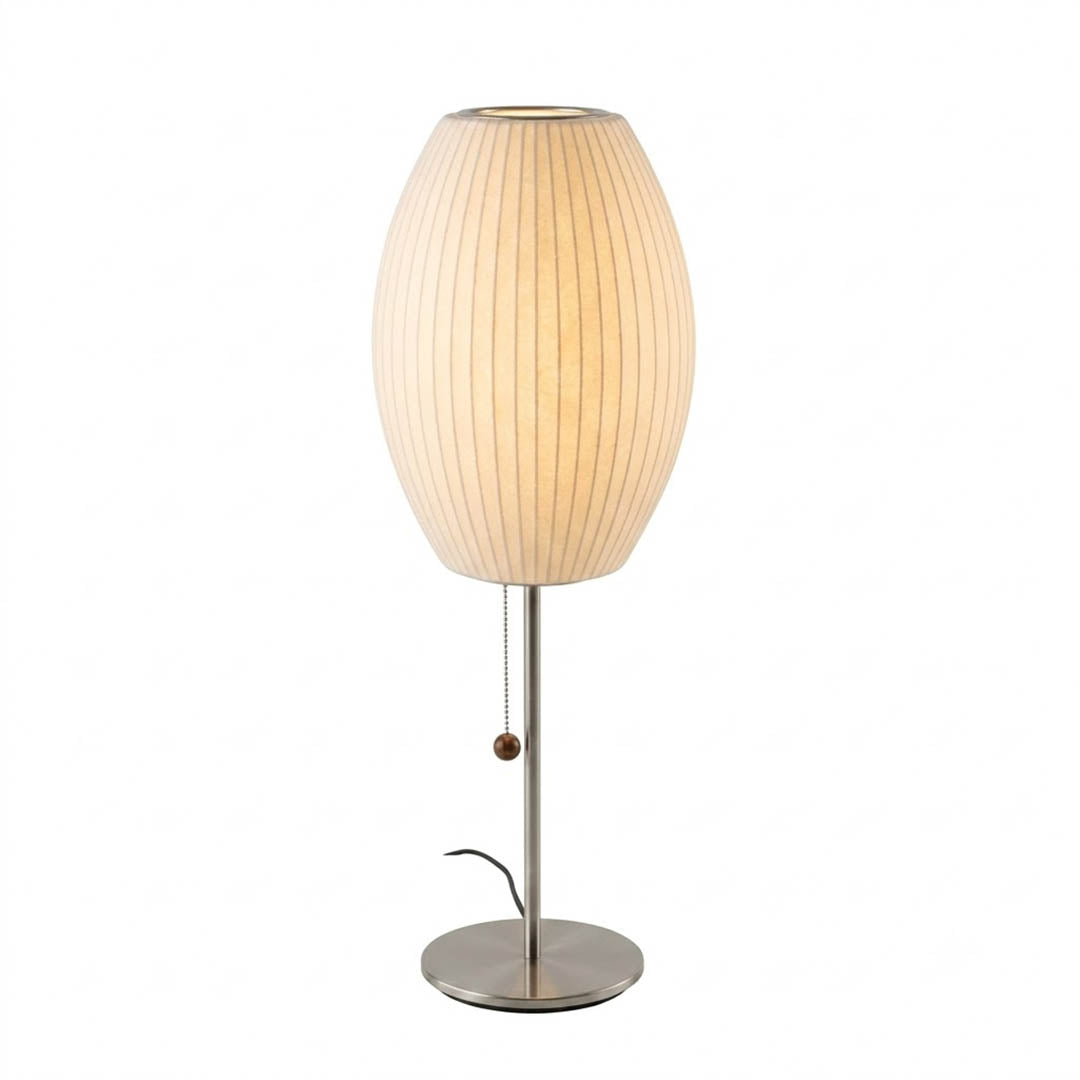 Maeve tall chrome faux silk console lamp Model A 29 inch tall mid century modern white shade chrome base white background
