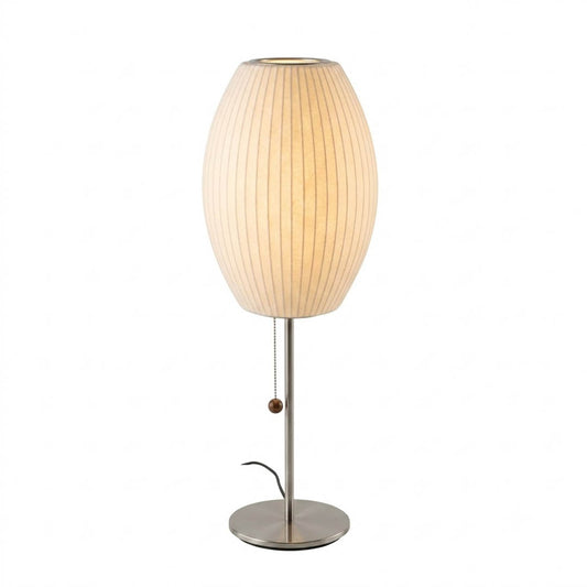 Maeve tall chrome faux silk console lamp Model A 29 inch tall mid century modern white shade chrome base white background