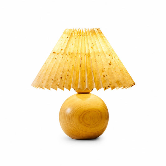 Mame table lamp small wooden base khaki fabric drum shade model B style 9.8 inch cube proportion wabi sabi Japanese inspired cute bedside vintage warm cozy alternative pattern white background