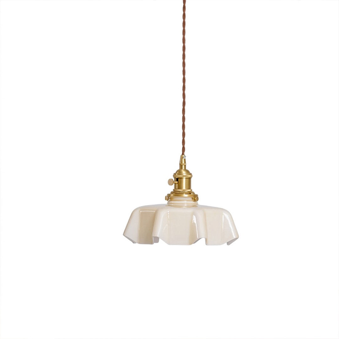 Margaux pleated glass mini pendant Beige brass stem French vintage Boudoir 9.8 inch warm neutral white background