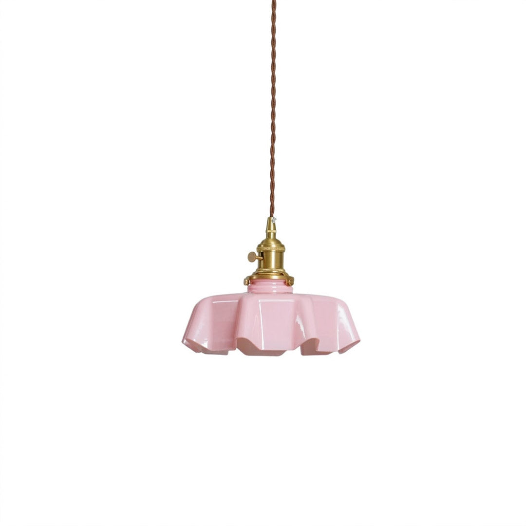 Margaux pleated glass mini pendant Pink brass stem French vintage Boudoir feminine bedroom 9.8 inch white background