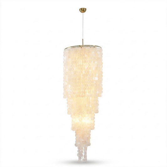 Marisa hat form Capiz shell chandelier small 24 inch 9 light Asian inspired Japandi Wabi-Sabi natural shell disc shade gold ring white background