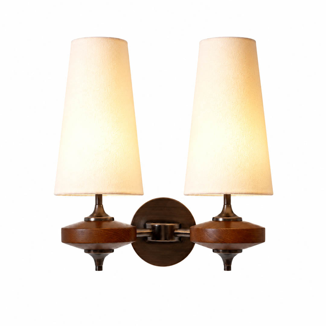 Marnie twin shade wall sconce white fabric bronze walnut wood mid-century two tapered shades symmetrical white background front view