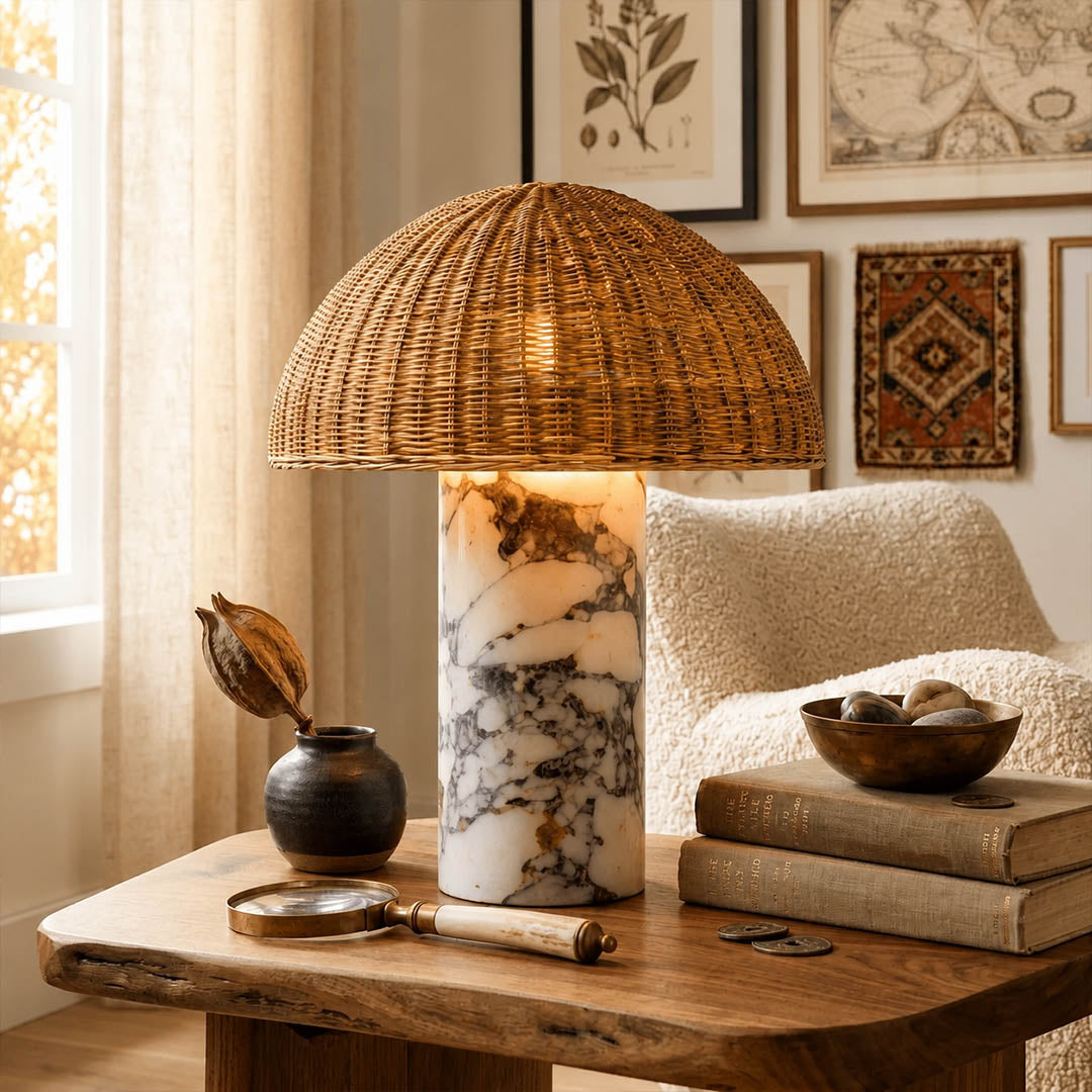 Maroca woven rattan table lamp desk reading nook rattan marble warm glow natural japandi American home lifestyle interior