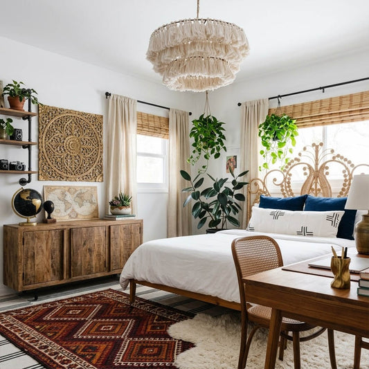 Marrakesh boho tassel pendant light above bed warm glow bohemian bedroom interior