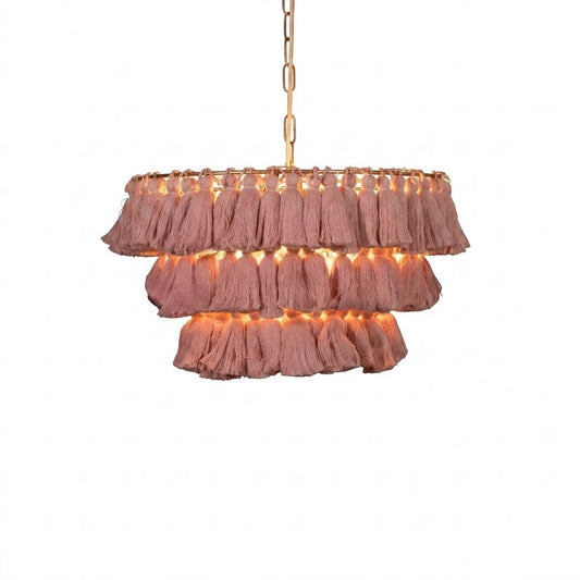 Marrakesh boho tassel pendant light fabric fringe round metal frame white background
