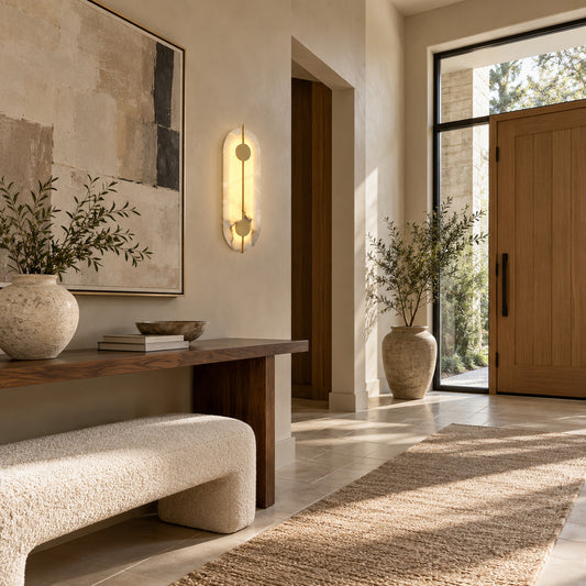 Medaglia alabaster wall sconce above an entryway console