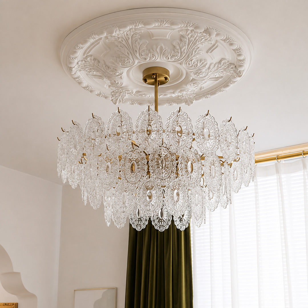 Three-layer 31.5-inch Merletto tiered glass chandelier with rippled glass panels