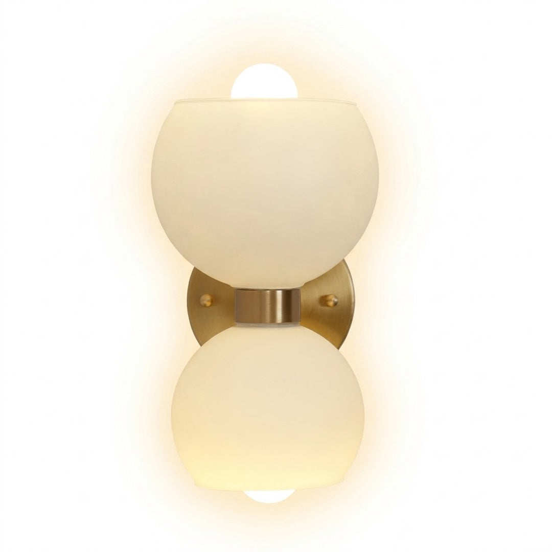 Mira mid century wall sconce brass arm white glass shade modern classic white background