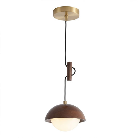 Mochi mini LED pendant light wood hemispherical shade brass stem frosted glass diffuser 5.9 inch white background