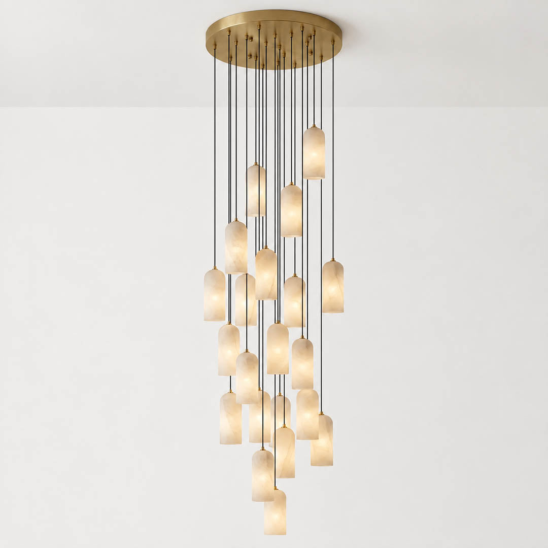 Monvela alabaster pendant light nine heads cluster natural stone shades brass statement chandelier white background front view