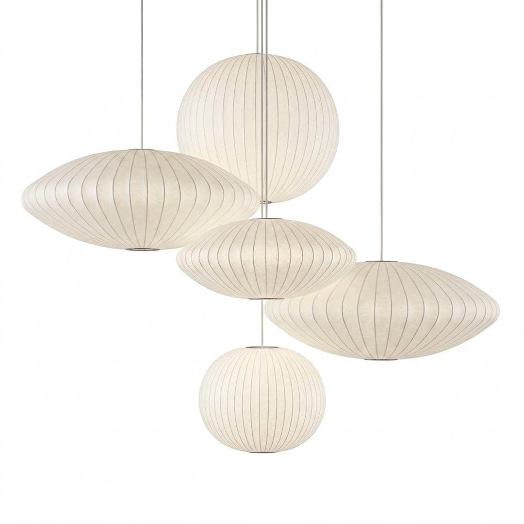 Nelson style bubble pendant 9 models complete overview Saucer Ball Pear Crisscross Cigar Apple Lantern all shapes Mid Century iconic family