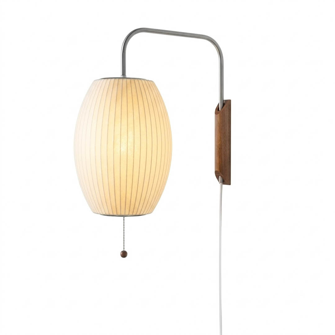Nelson style bubble wall sconce Pear Model A 15 inch vertical elongated white polymer walnut wood arm plug in mid century white background