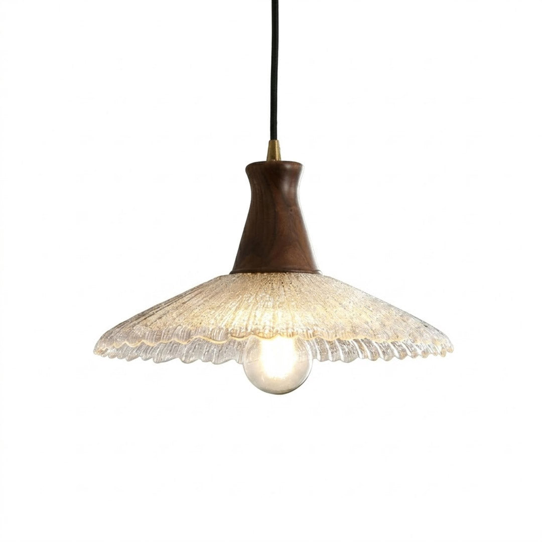 Olive pendant light glass shade natural wood canopy brass 10 inch white background