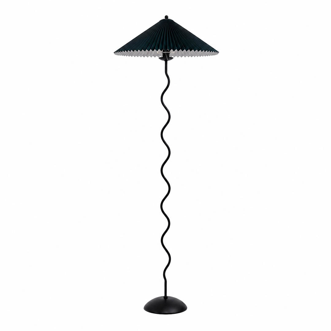 Onda floor lamp modern sculptural squiggle wavy black metal base black fabric drum shade 59 inch tall E14 total black minimalist graphic postmodern Memphis inspired statement bedroom white background