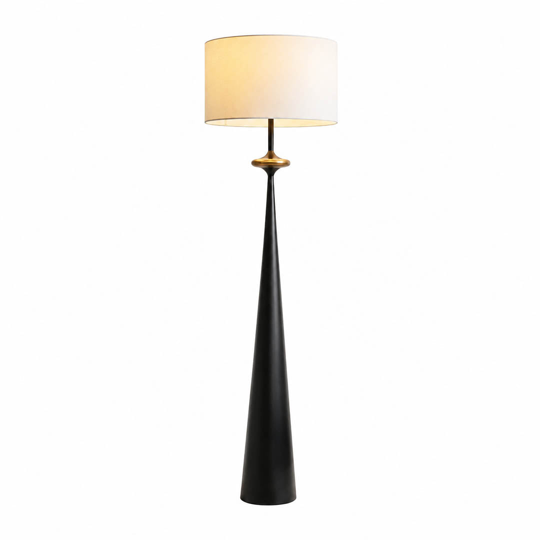 Orbelle floor lamp illuminated soft warm glow fabric shade glare free ambient stacked circle base cozy white background