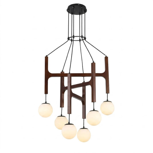 Orbit walnut wood glass orb chandelier 6-head multi-size frosted globe cascade white background