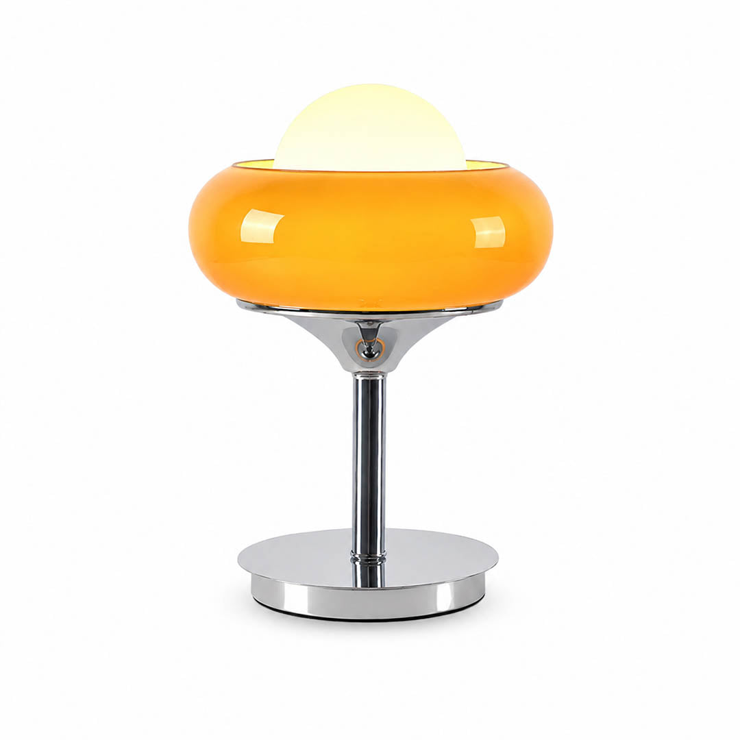 Orbita table lamp three quarter view chrome cylindrical base polished amber orange acrylic globe orb space age retro 1970s Italian mid century modern accent white background