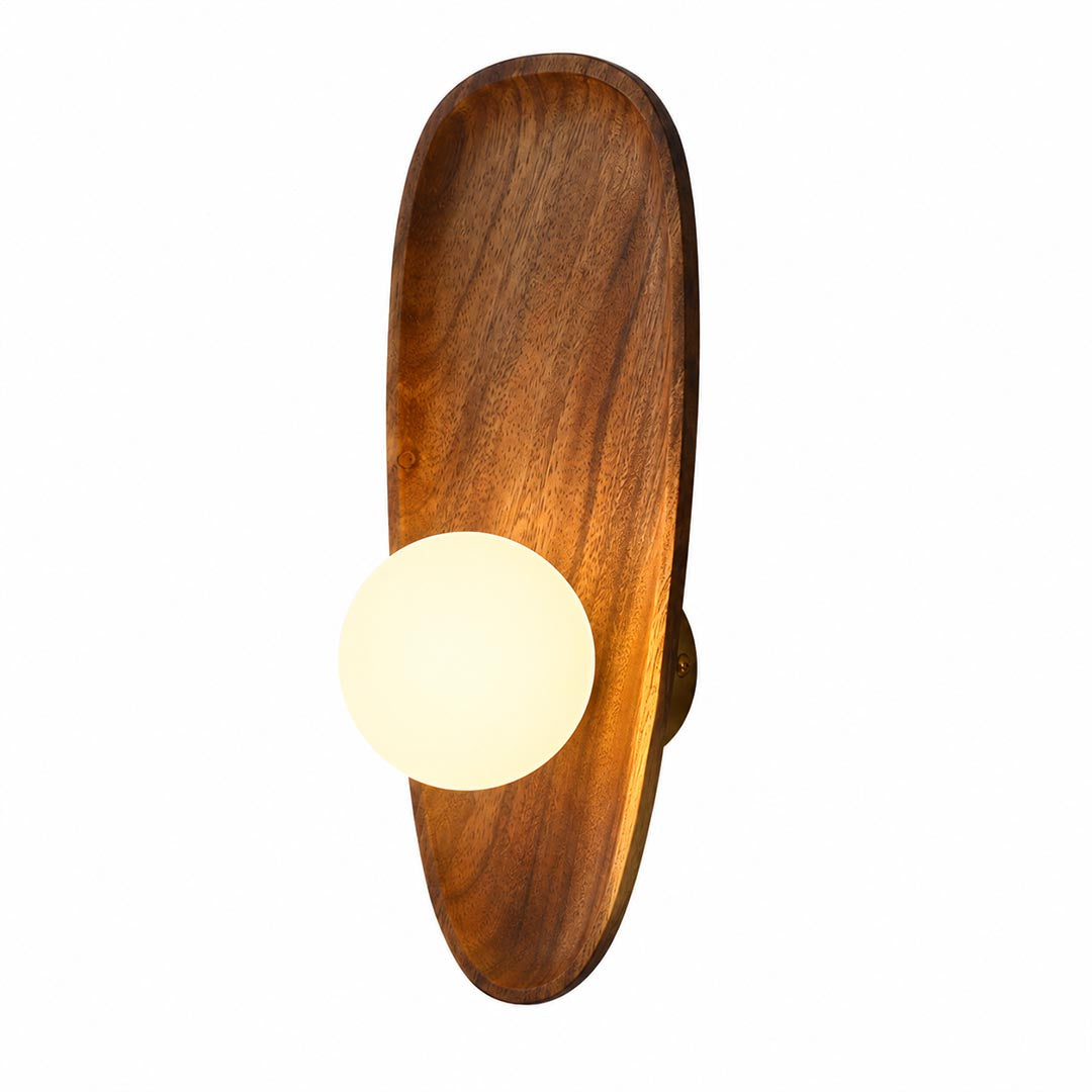 Ovi wood wall lamp illuminated warm soft glow frosted white glass globe walnut wood wabi sabi cozy white background front view