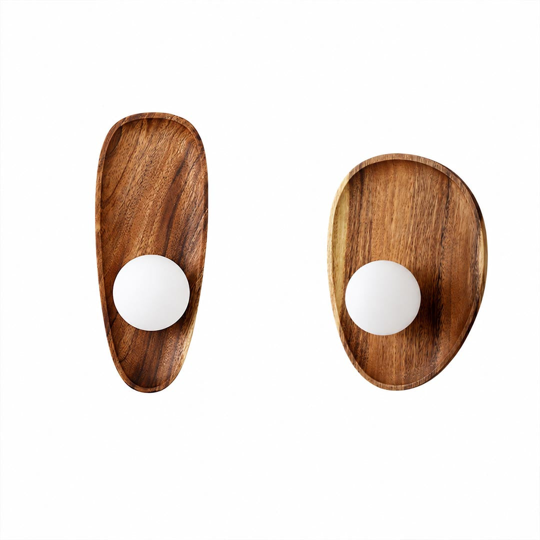 Ovi wood wall lamp size scale reference 10 inch 11 inch two shapes compact proportional reference walnut glass