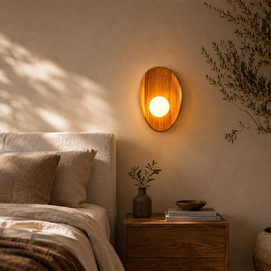Ovi wood wall lamp walnut pair boutique cabin rental guest room bedside frosted glass globe warm wabi sabi hospitality American commercial interior