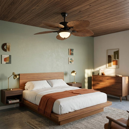 Palma palm leaf ceiling fan tropical bedroom bohemian interior warm light running lifestyle