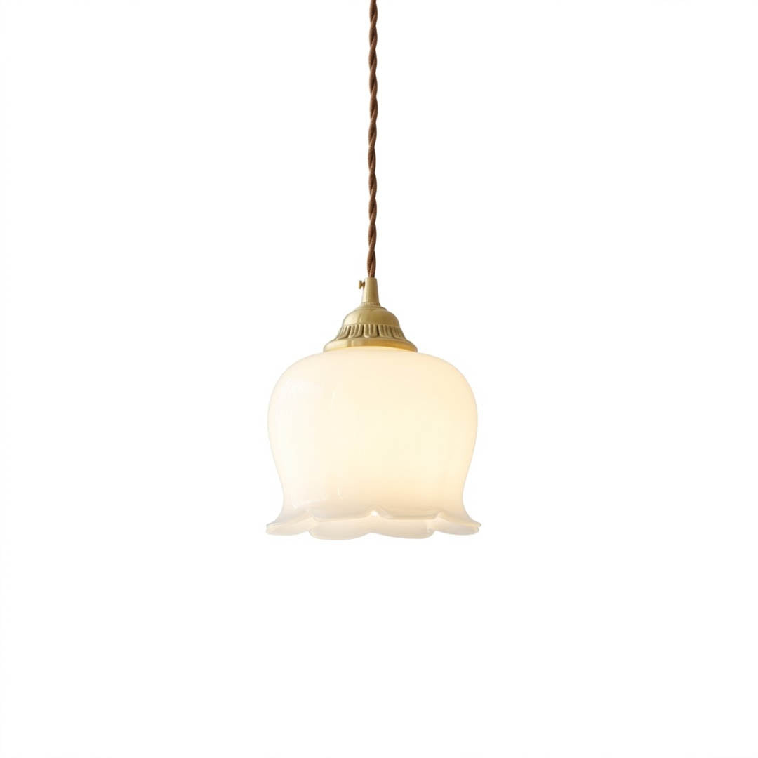 Petite mini pendant light brass beige resin flower shade 5.5 inch white background