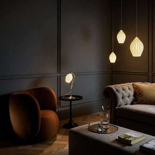 Piega pendant light 12 light cluster chandelier modern entryway foyer atrium double height statement bone china ceramic ribbed boho warm ambient dramatic architectural grand lifestyle interior American home