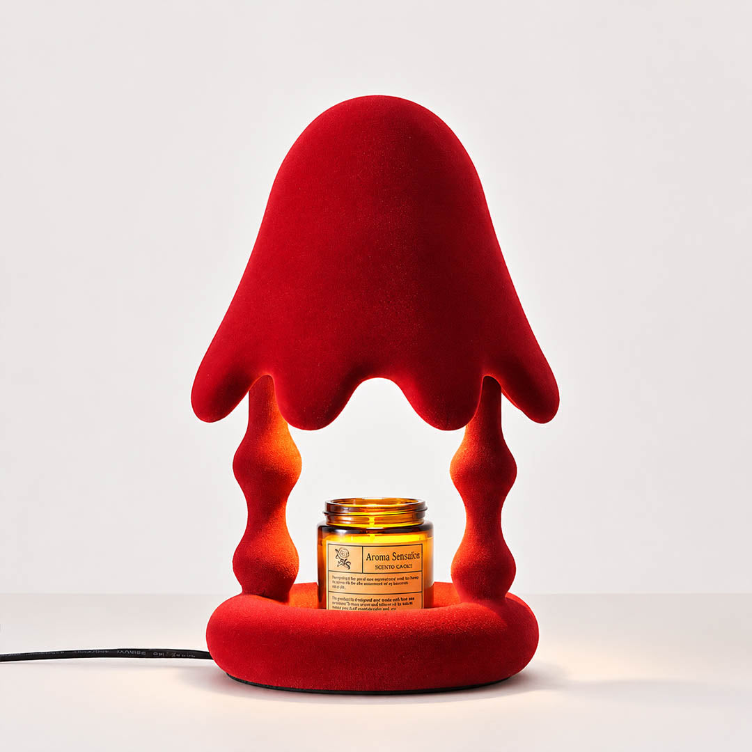Pineo candle warmer lamp red flocking resin cedar shape scent warmer white background front view