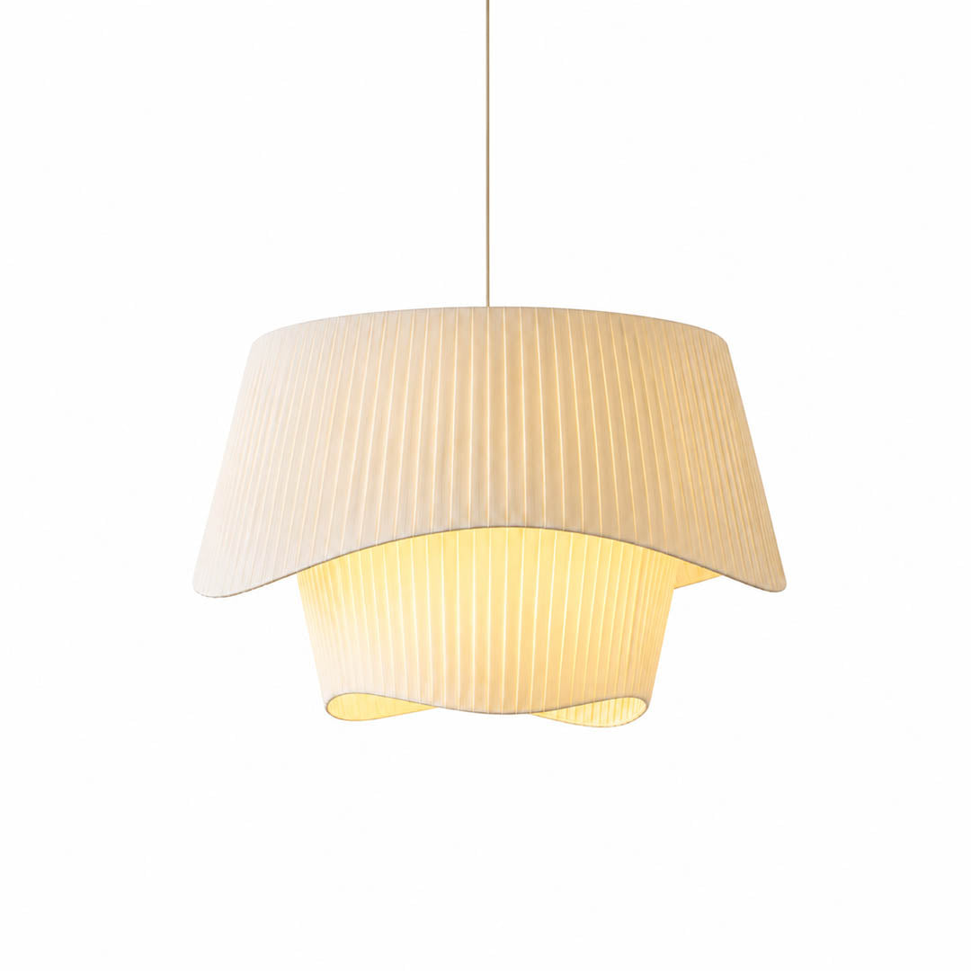 Plisse pleated pendant light beige fabric drum shade hand pleated sculptural modern white background front view