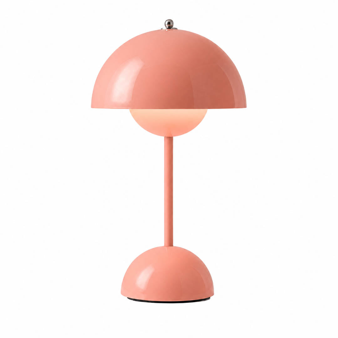 Poppy VP9 style cordless mushroom table lamp Mid Century designer tribute touch dimming rechargeable white background