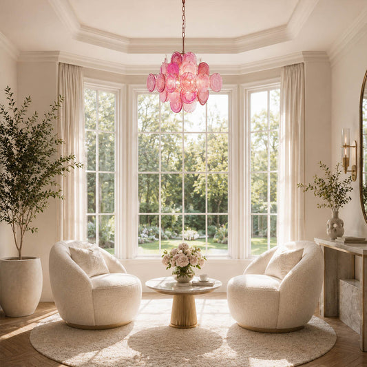 Rosalia pink iridescent Murano disc chandelier boudoir dressing room vanity romantic feminine Hollywood Regency luxury pink velvet mirror warm glow lifestyle interior