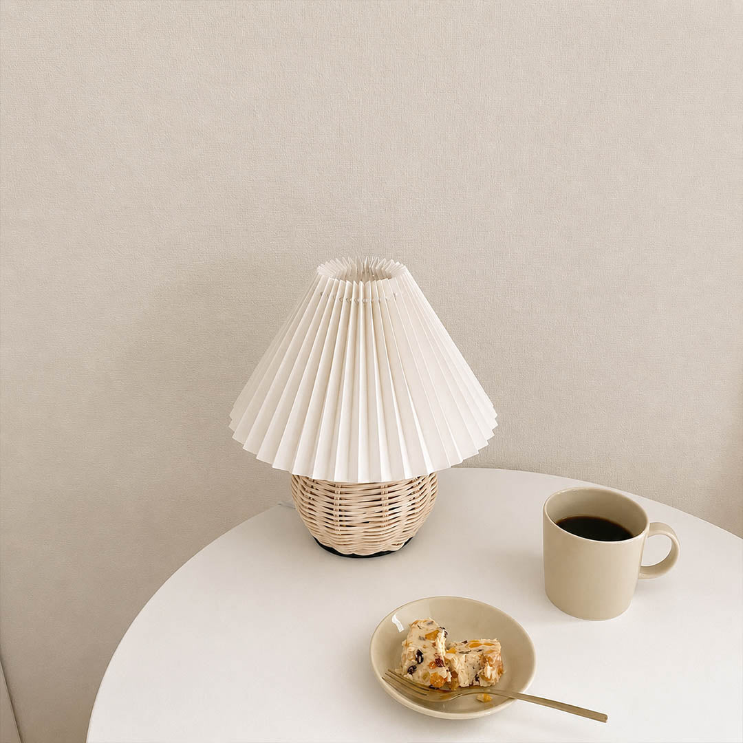 Rovana pleated rattan table lamp modern japandi natural space rattan woven warm quiet American home lifestyle interior styled