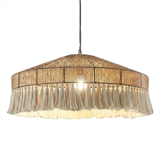 Santorini large boho pendant light woven jute tassel light brown 31 inch white background