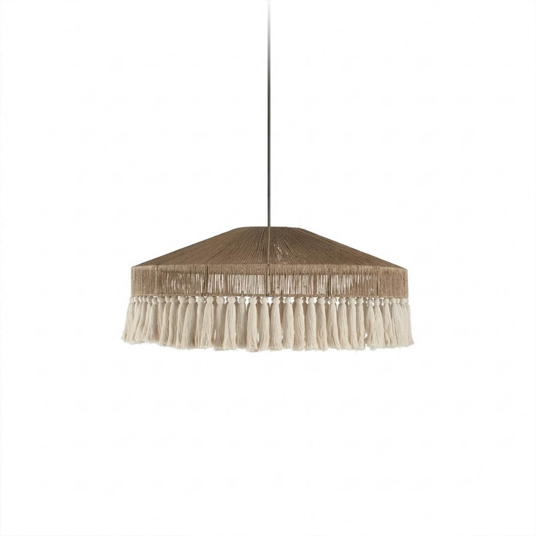 Santorini large boho pendant light woven jute tassel light brown 31 inch white background