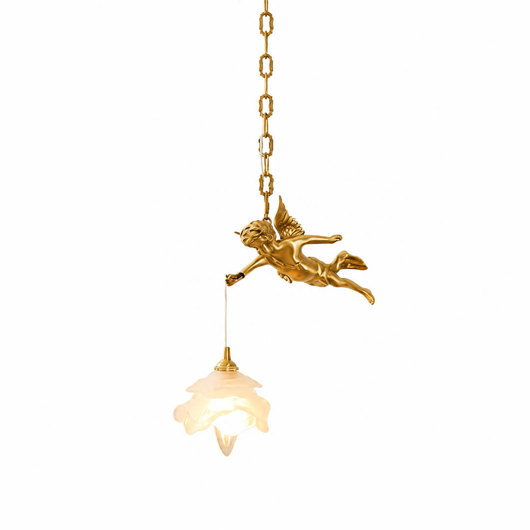 Serafino pendant light Right facing angel brass and white glass petal shade small single mini pendant brass finish white background front view