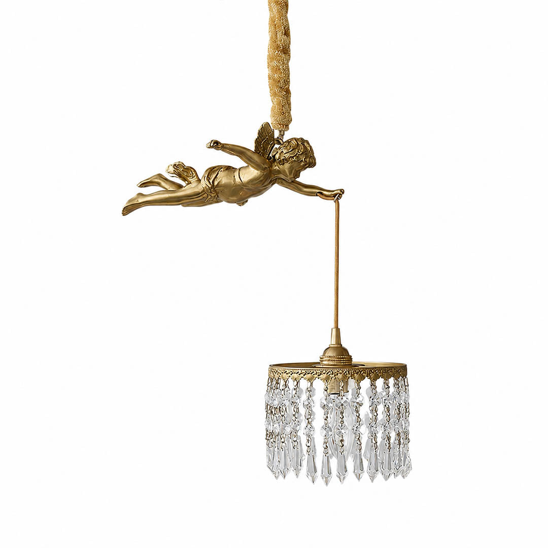 Serafino cascade pendant left facing brass finish flying angel cherub crystal drops single mini pendant vintage baroque white background front view