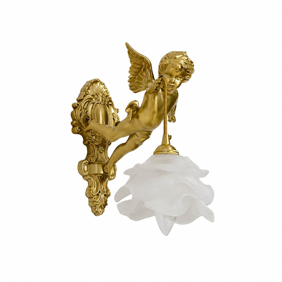 Serafino wall sconce Style A right facing brass finish angel cherub glass flower shade single vintage sconce white background front view