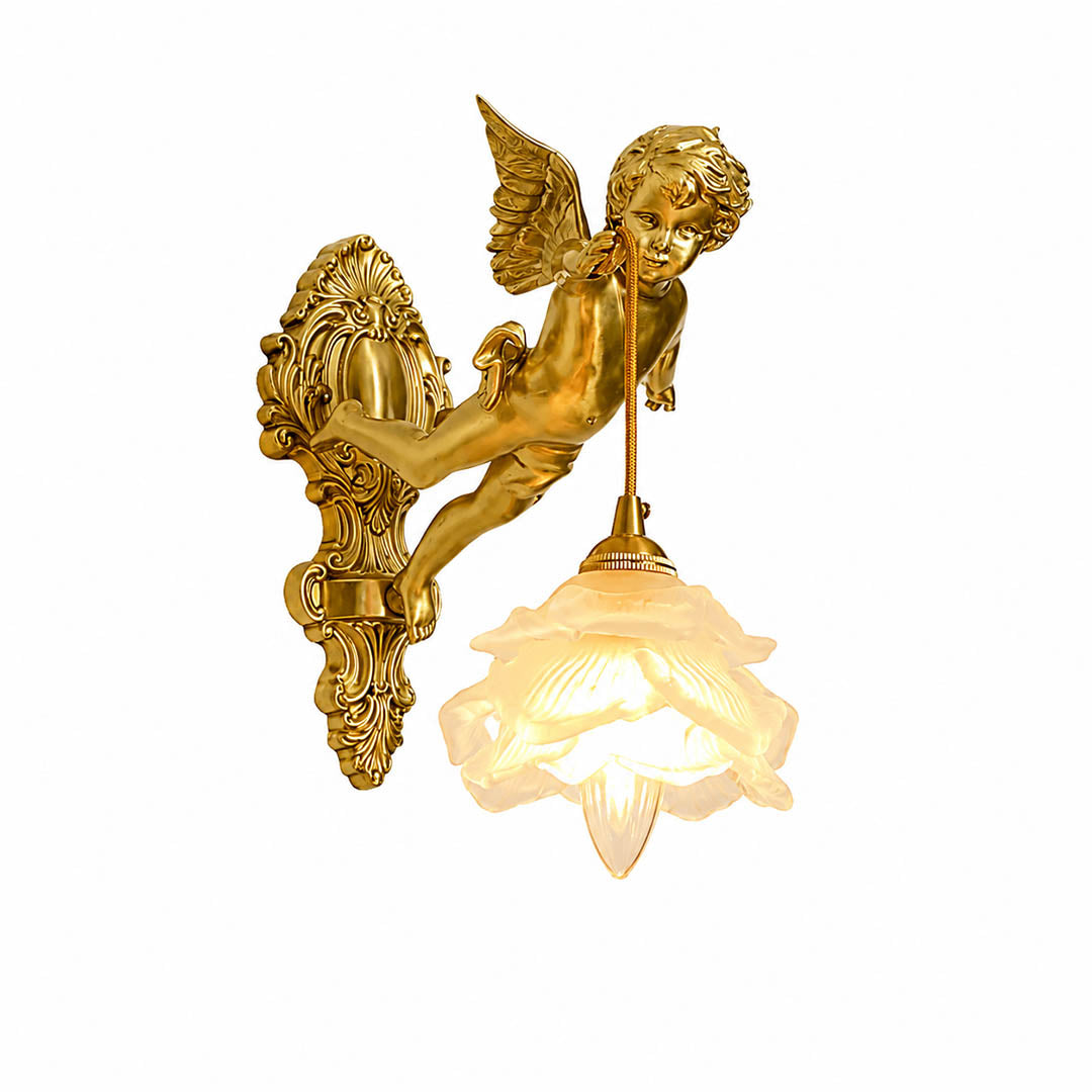Serafino wall sconce Style A right facing brass finish angel cherub glass flower shade single vintage sconce white background front view