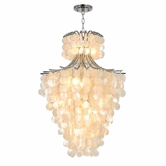 Serena double tier Capiz shell chandelier Chrome polished silver 9 heads 19 inch Coastal modern cascading waterfall pearl shells white background