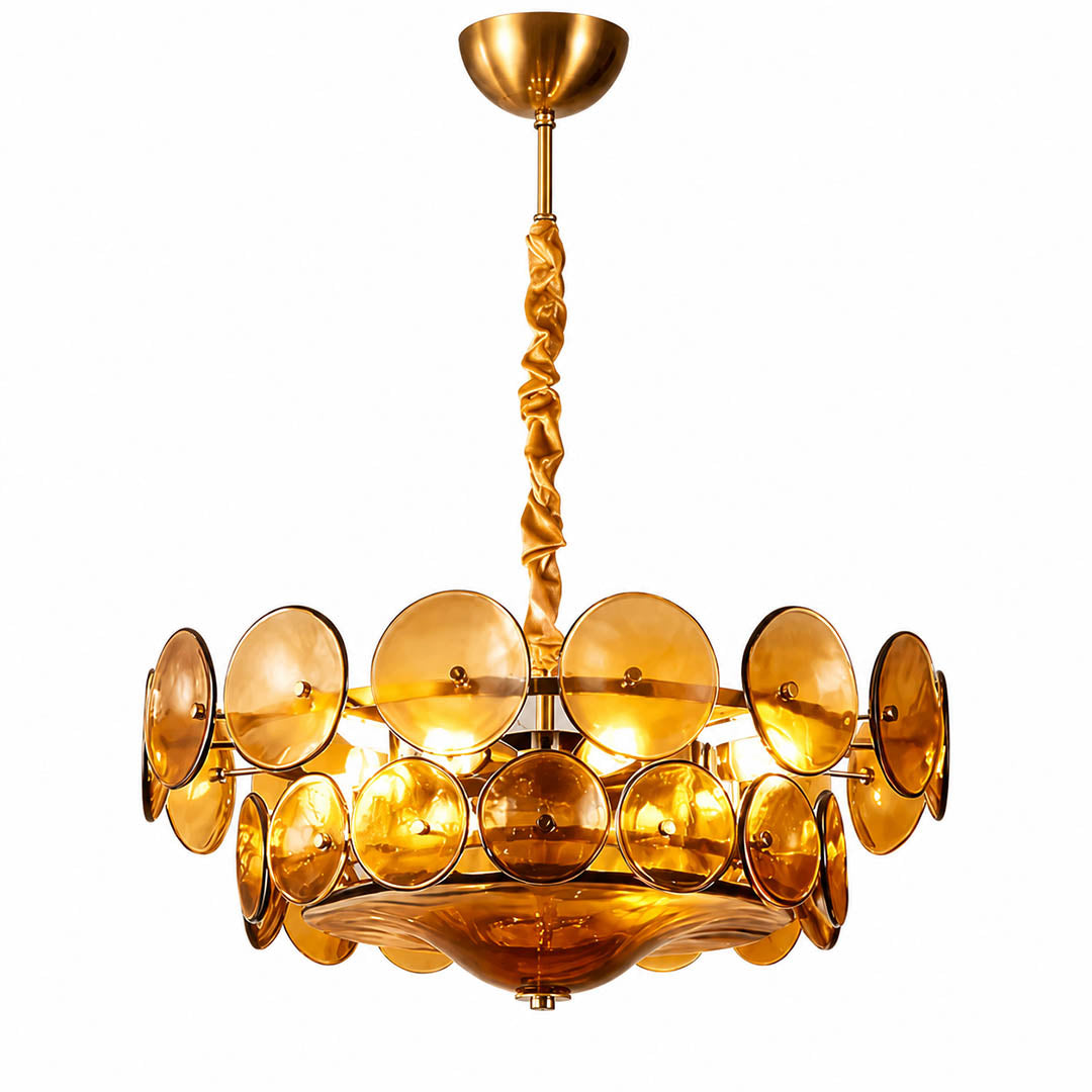 Sienna Murano style vintage glass cluster chandelier Orange Y2K revival 32 inch Mid Century Italian bronze frame white background
