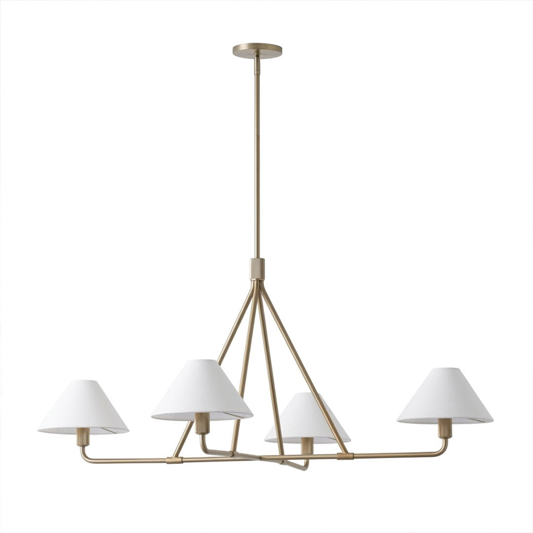 Sola antique brass angular chandelier 4-light white fabric drum shade warm white background